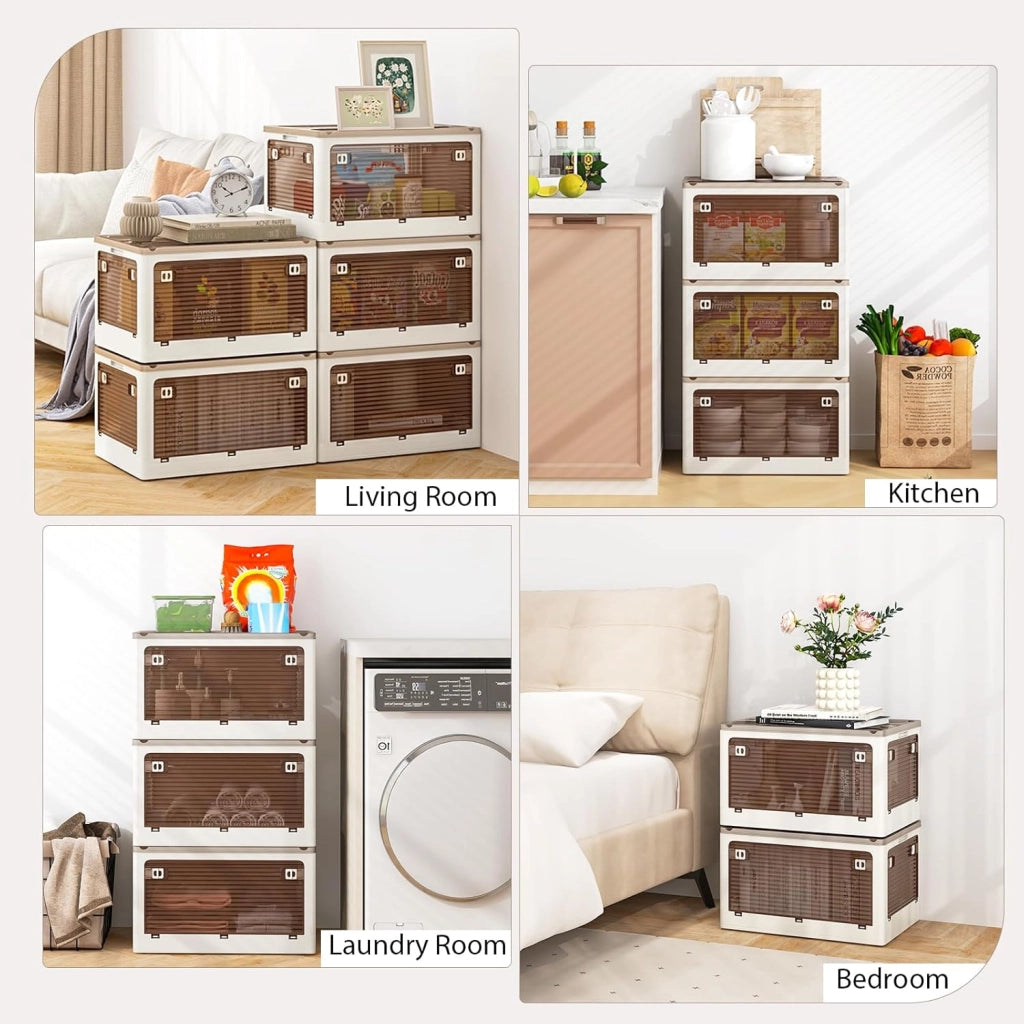 Contenitore in Plastica a 3 Strati e 5 Ante 132 L, Armadio Organizer Trasparente Pieghevole con Ruote Grande Capacità，Adatto a Camera da Letto, Ingresso, Cucina