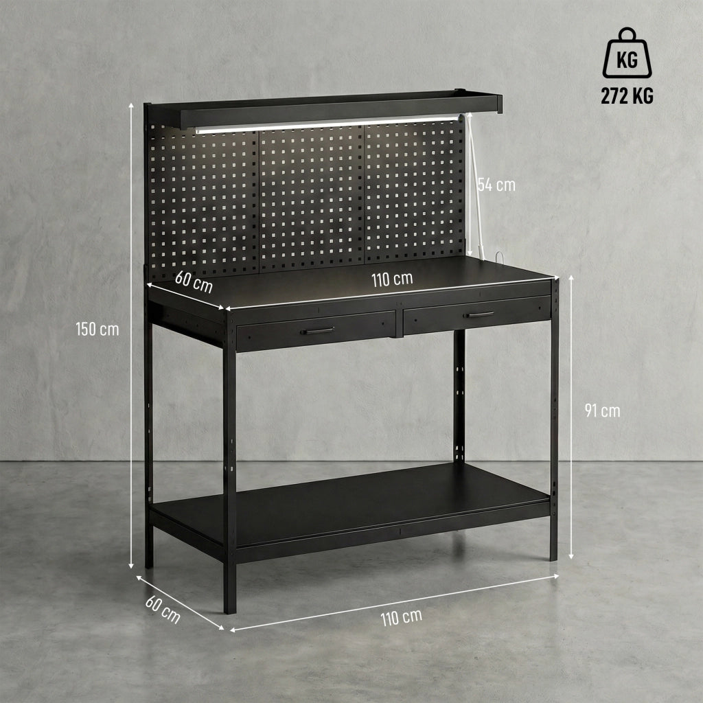 Banco da Lavoro con Cassetti, Luce LED e Presa Elettrica ¨C Zephmum ¨C Nero 110x60x150 cm