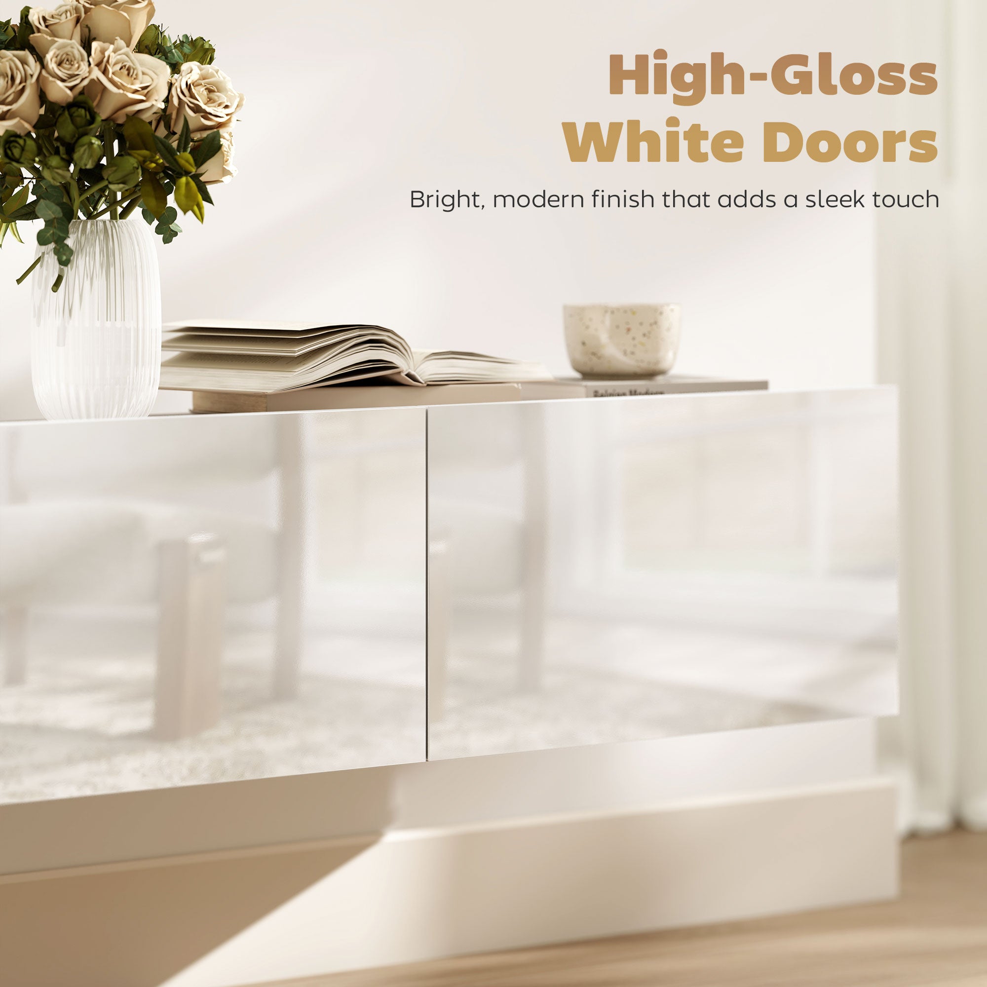 Mobile Porta TV fino a 82" Sospeso con 3 Armadietti a Ribalta e Ante Soft Close Bianco Lucido