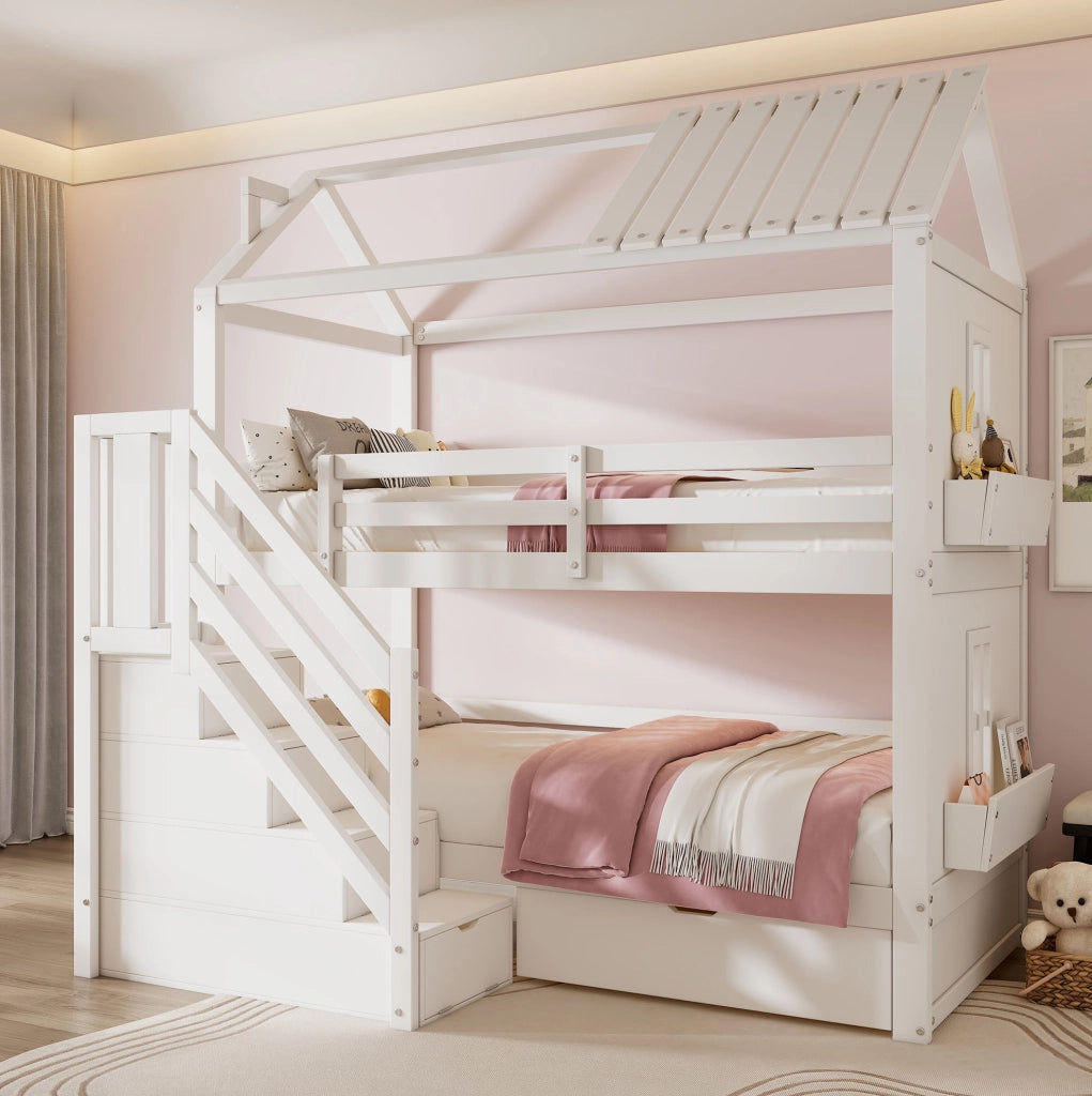 Letto a castello per bambini 90x200 cm con scala contenitore; cassetti e ripiani; bianco