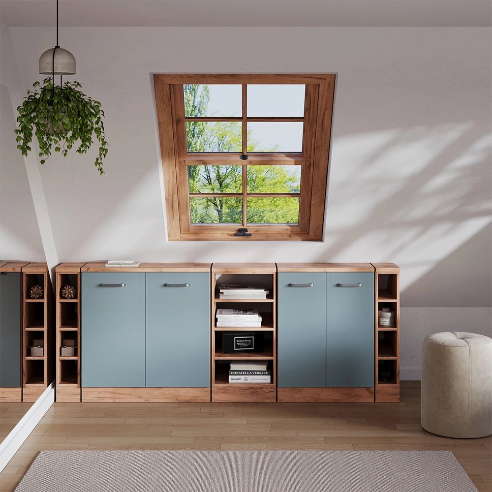 Set di mobili sottotetto Rion Grigio-blu/Rovere dorato 210 cm Set di 5 carcasse armadio profondità 60 cm Vicco