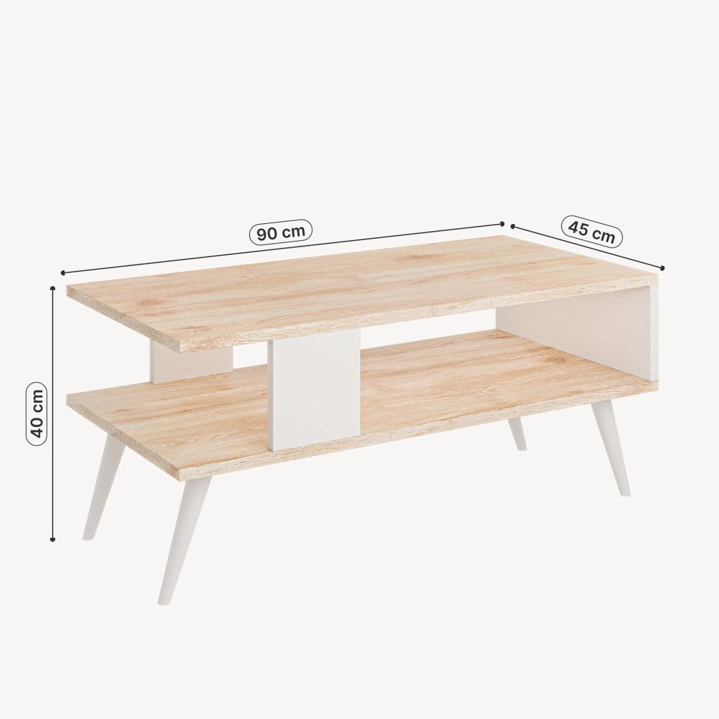 Tavolino Basso da Divano 'Lycksele' con Scomparto Semiaperto e 4 Piedini - Effetto Rovere / Bianco [en.casa]