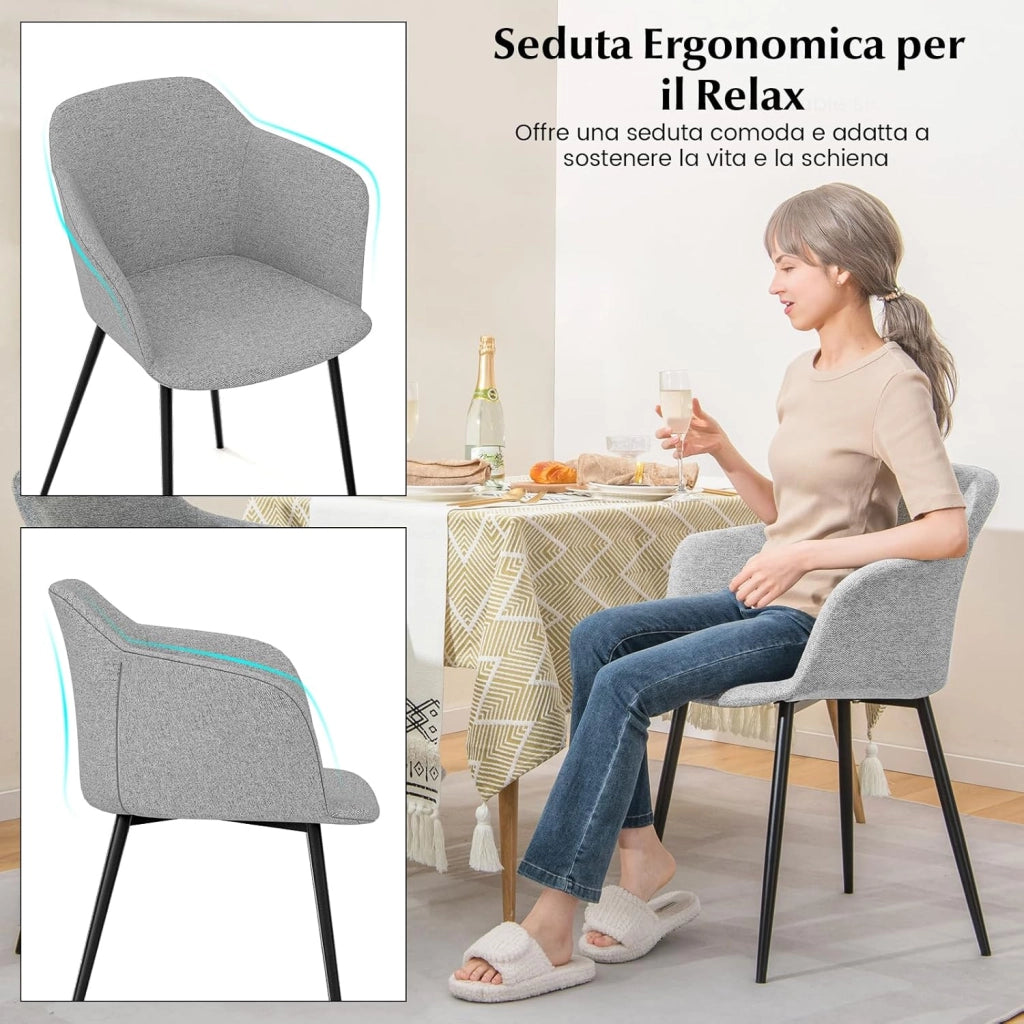 Set di 2 Sedie da Pranzo, Sedia da Pranzo Imbottita con Schienale Ergonomico, Ampi Braccioli, Sedie Moderne ed Eleganti per Soggiorno, Sala da Pranzo e Cucina, Portata 150 kg (Grigio chiaro)