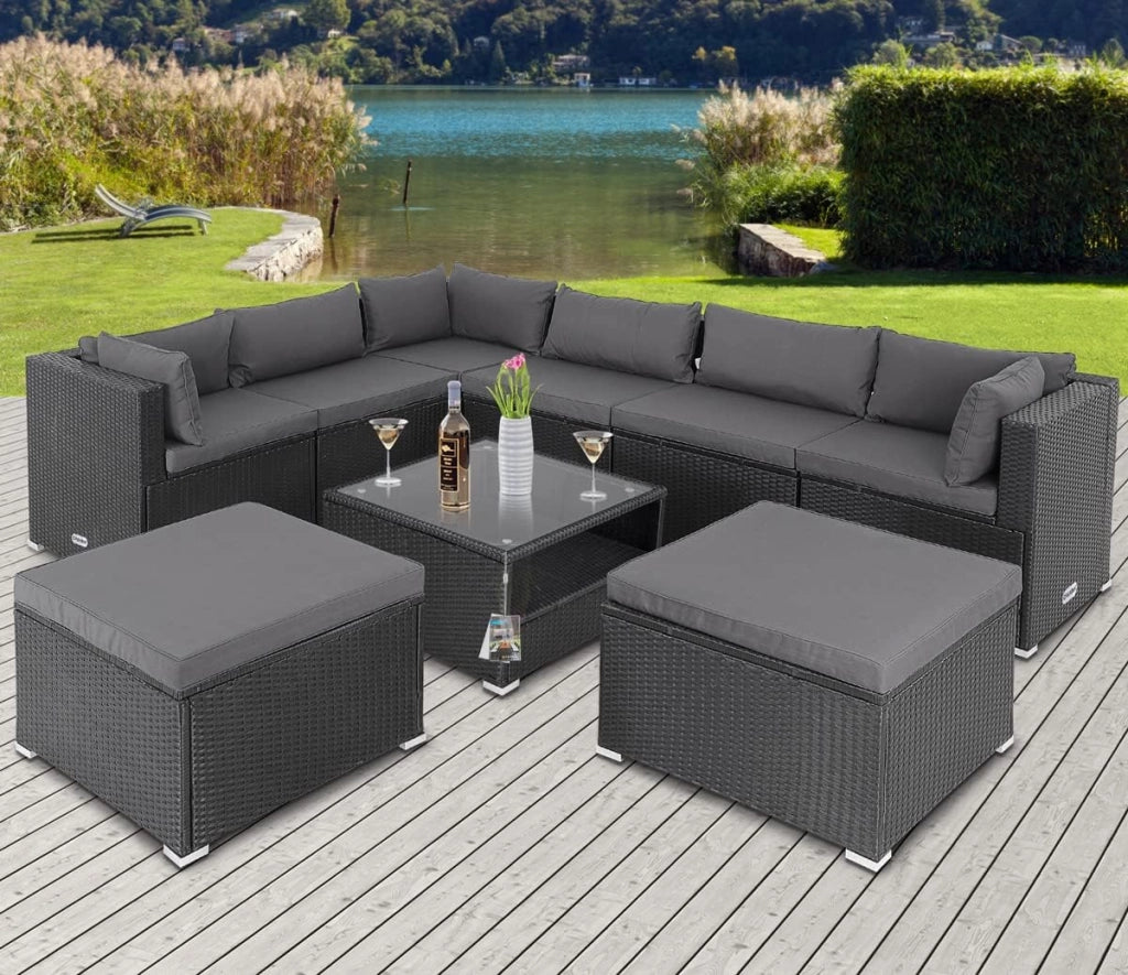 Set Salotto in Polyrattan XL Cuscini Imbottiti Tavolo in Vetro Resistente Mobili da Giardino Salottino Angolo