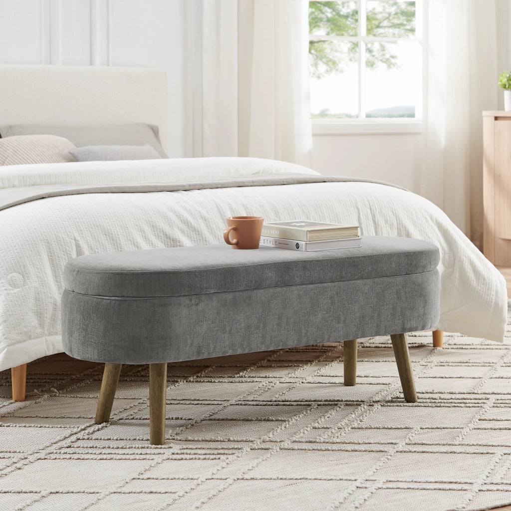 Panca contenitore in chenille con vano interno e chiusura ammortizzata, gambe in legno, grigio scuro 110 × 40 × 42 cm
