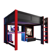 LETTO A CASTELLO gaming 140x200 cm nero e rosso con scrivania, armadio e ripiani