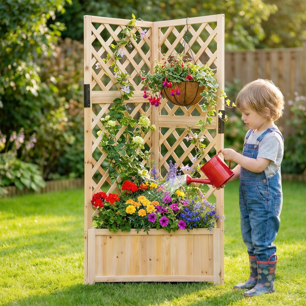 Letto da giardino rialzato ad angolo con traliccio e fori di drenaggio, Fioriera in legno per fiori verdure interno ed esterno Naturale