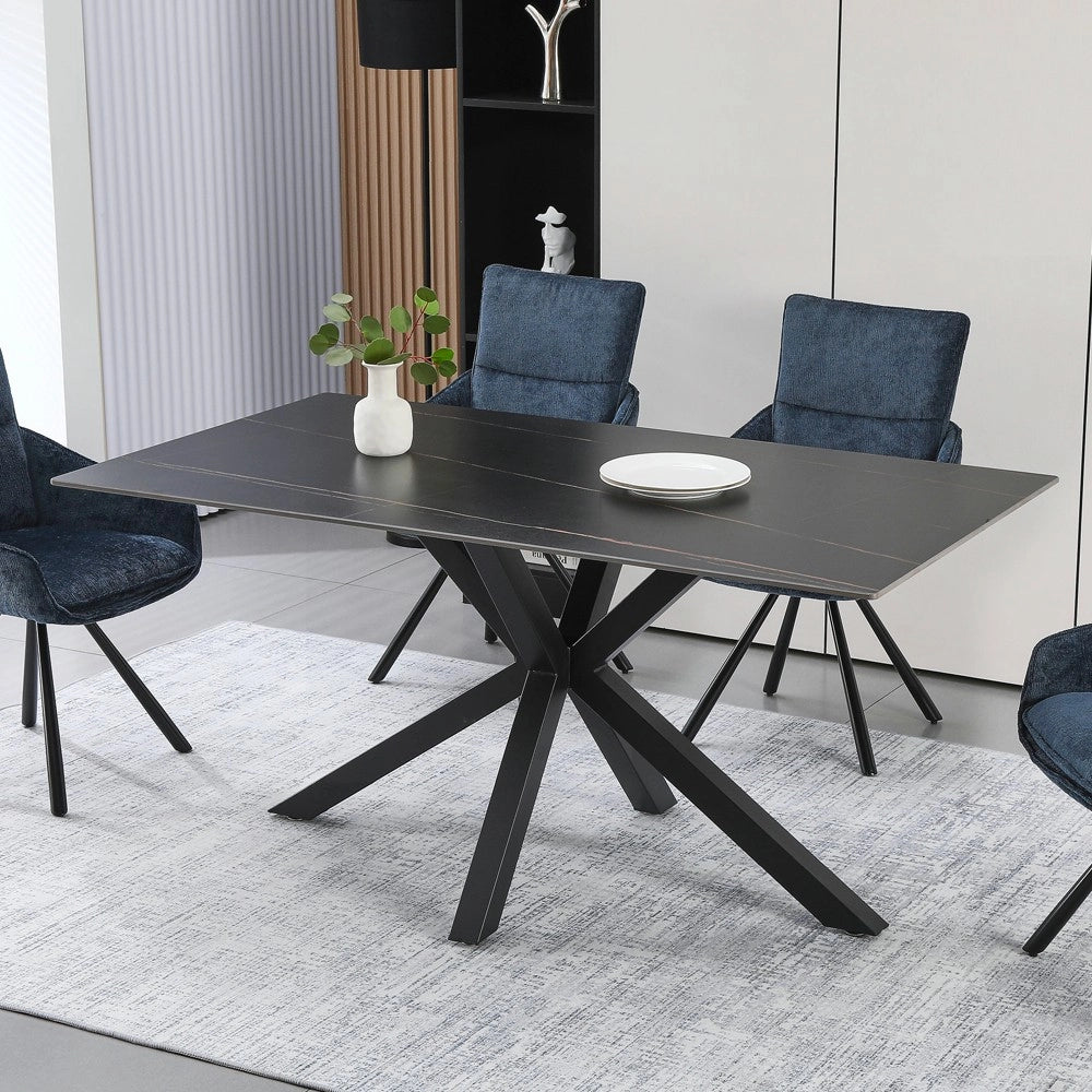 Tavolo da Pranzo Hunter 160×90 cm in Ceramica Effetto Marmo nero con Gambe Design nere