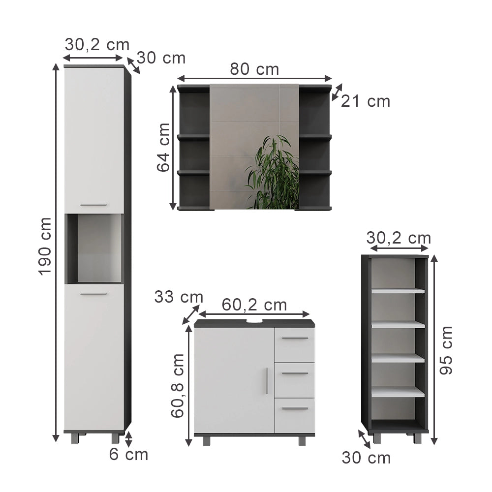 Vicco Set di mobili da bagno Antracite/bianco 4 parti