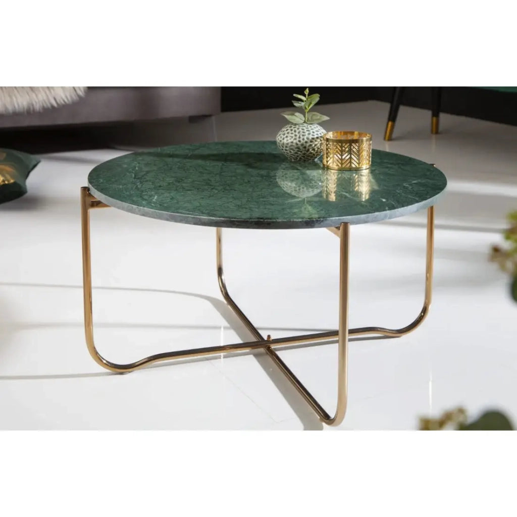 Tavolino basso rotondo VINTORA in marmo verde e metallo dorato – tavolo dal design moderno chic