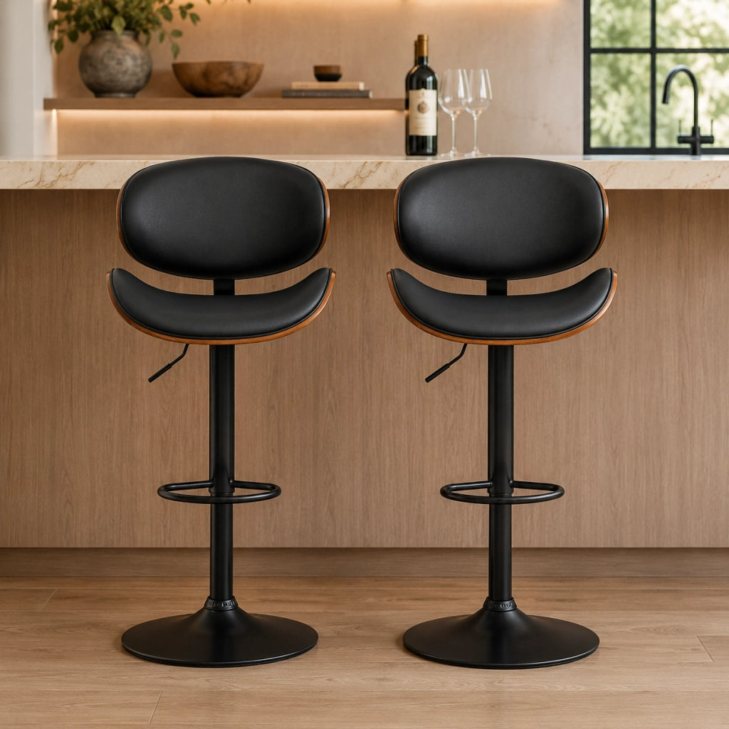 Sgabello da bar girevole regolabile 53x52x92-112 cm con seduta imbottita in similpelle e legno; nero