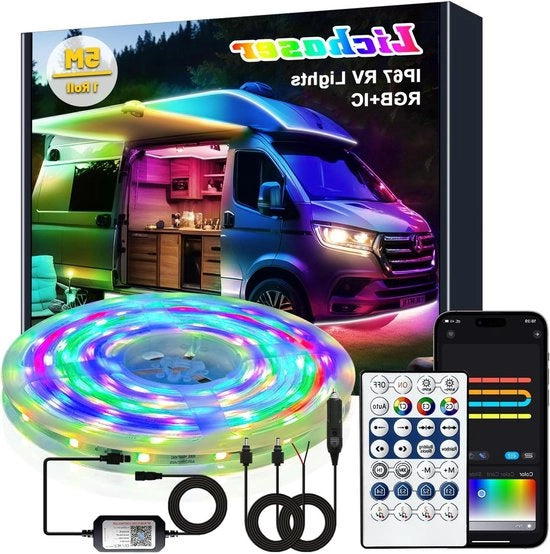 Luce a LED a prova d'acqua 5m per RV, 12V, IP67, RGB+IC, con controllo remoto e applicazione per illuminazione interna ed esterna di tende, camper, rimorchi e motorhome