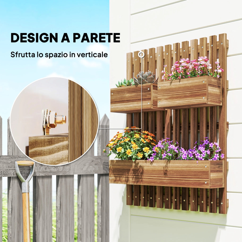 Fioriera Verticale a Doghe con 3 Vasi Rimovibili ¨C zephmum ¨C Legno di Abete, Marrone Bruciato, 60x16x80 cm
