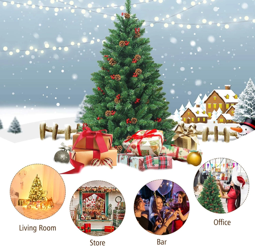 Albero di Natale Artificiale 135/195 cm in PVC, Albero di Natale con Luci LED Incorporate, Mele di Pino e Bacche Rosse, Christmas Tree per Casa, Negozio, Ufficio, Feste (M)