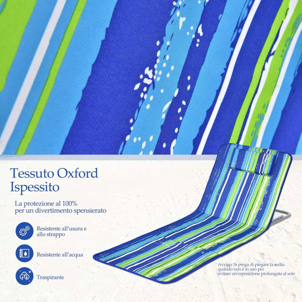 Set 2 Sdraio da Spiaggia con Tavolino, Tappettino Spiaggia Pieghevole con Schienale Reclinabile, Poggiatesta e Tasca Posteriore, Portatile con Manico, per Giardino e Campeggio (Blu + verde)