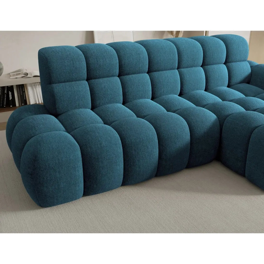 Divano ad angolo convertibile BULLA 3 posti blu angolo sinistro - tessuto bouclé con estensione della seduta elettrica