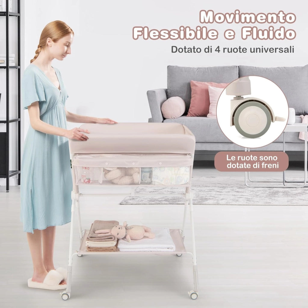 Fasciatoio Pieghevole per Bambini, Fasciatoio Portatile con Altezza Regolabile a 3 Livelli, Fasciatoio Neonato con Ruote di Bloccabili, Ripiano, Porta Asciugamani, per 0-12 Mesi (Beige)