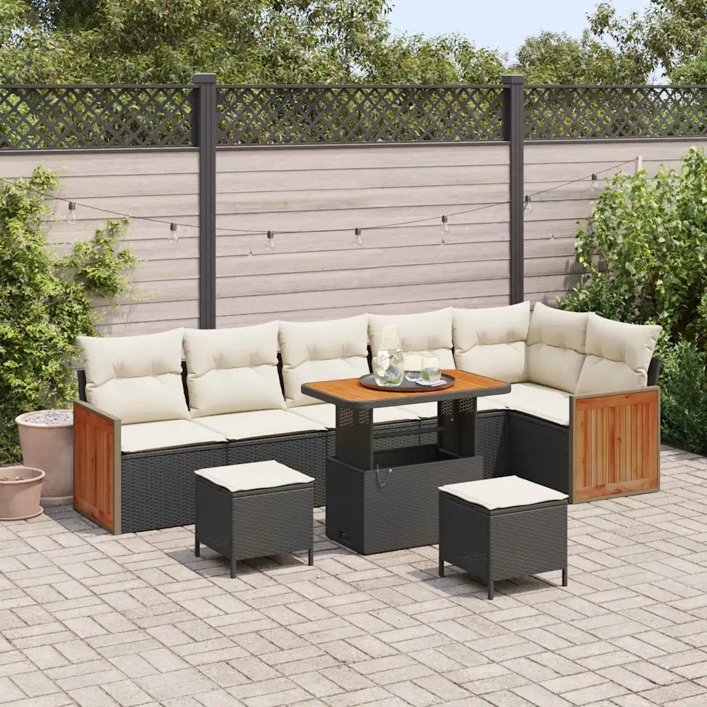 Set Divano da Giardino con cuscino 9 pcs Nero e Crema