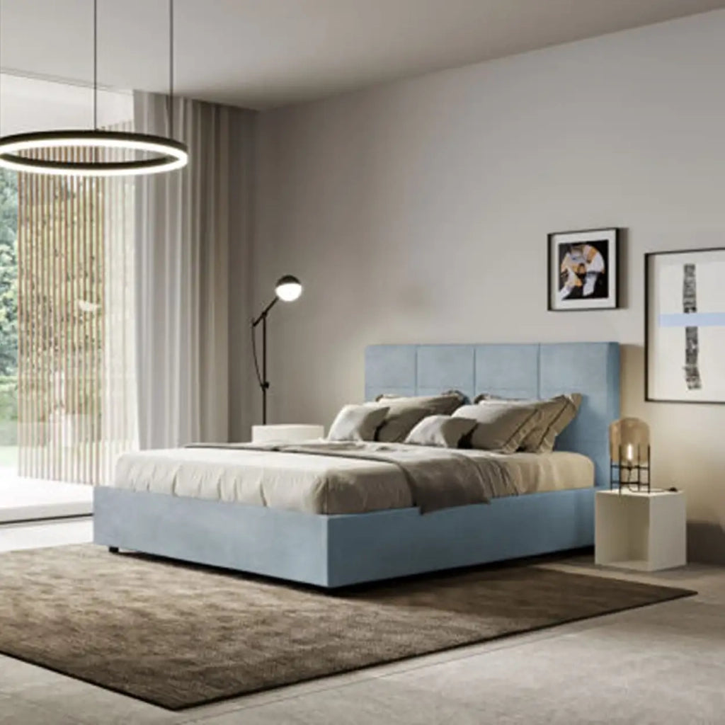 Letto matrimoniale francese senza rete imbottito 140x200 microfibra azzurro Mika