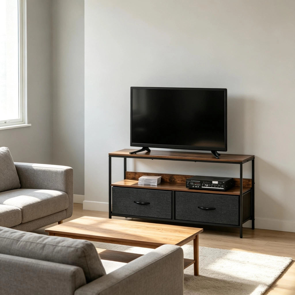 Mobile porta TV basso con 2 cassetti pieghevoli e ripiano aperto in MDF e metallo nero grigio 98 × 29 × 56 cm