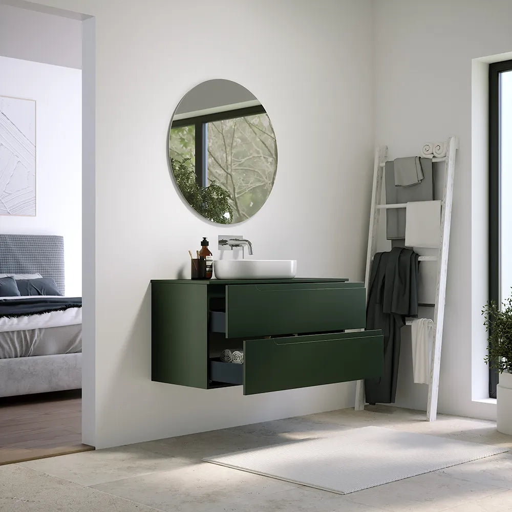 Mobile bagno sospeso 80 cm due cassetti verde foresta opaco con top | Ardenne