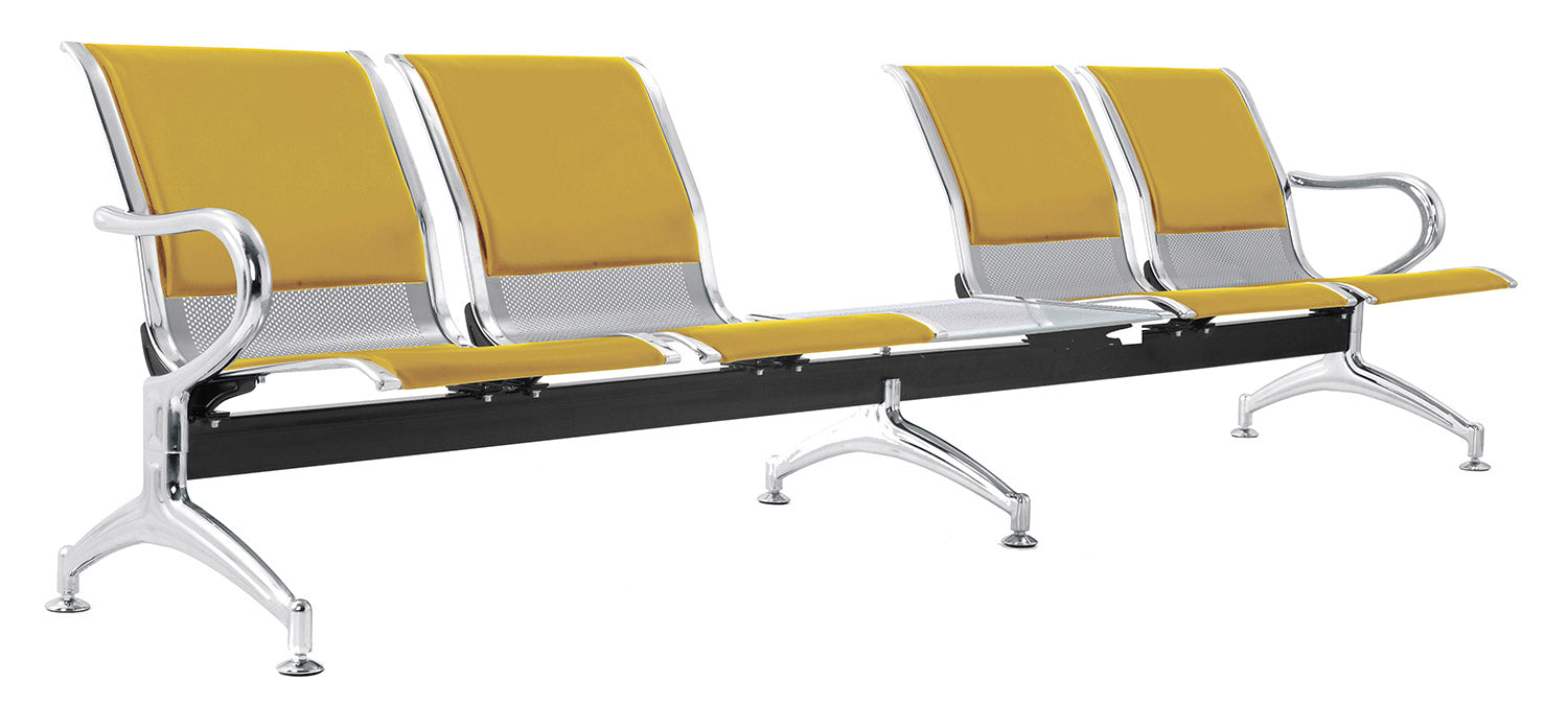 Panca per Sala Attesa 4 Posti da Ufficio con Cuscino e Tavolino in Acciaio e Similpelle Argento/Senape