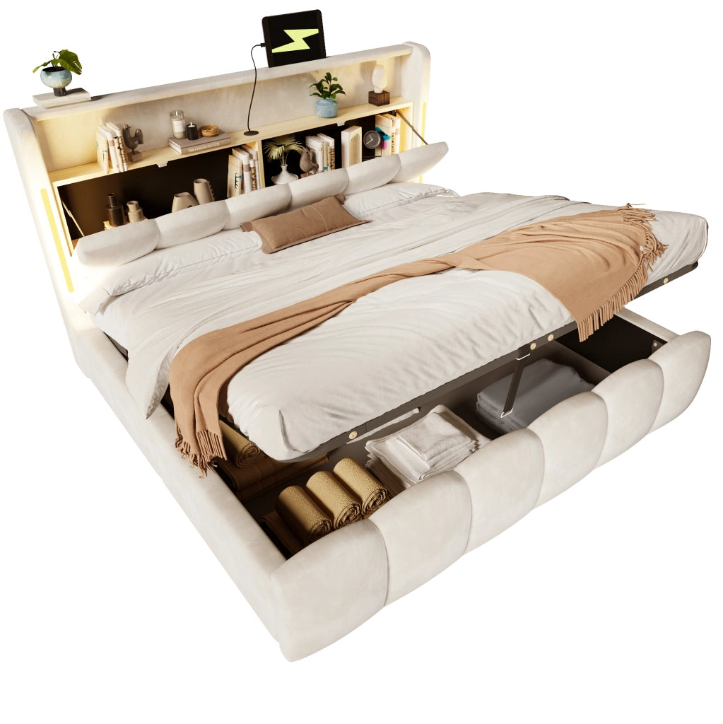 Letto matrimoniale imbottito 180x200 cm in velluto beige con LED; contenitore e USB/Type-C
