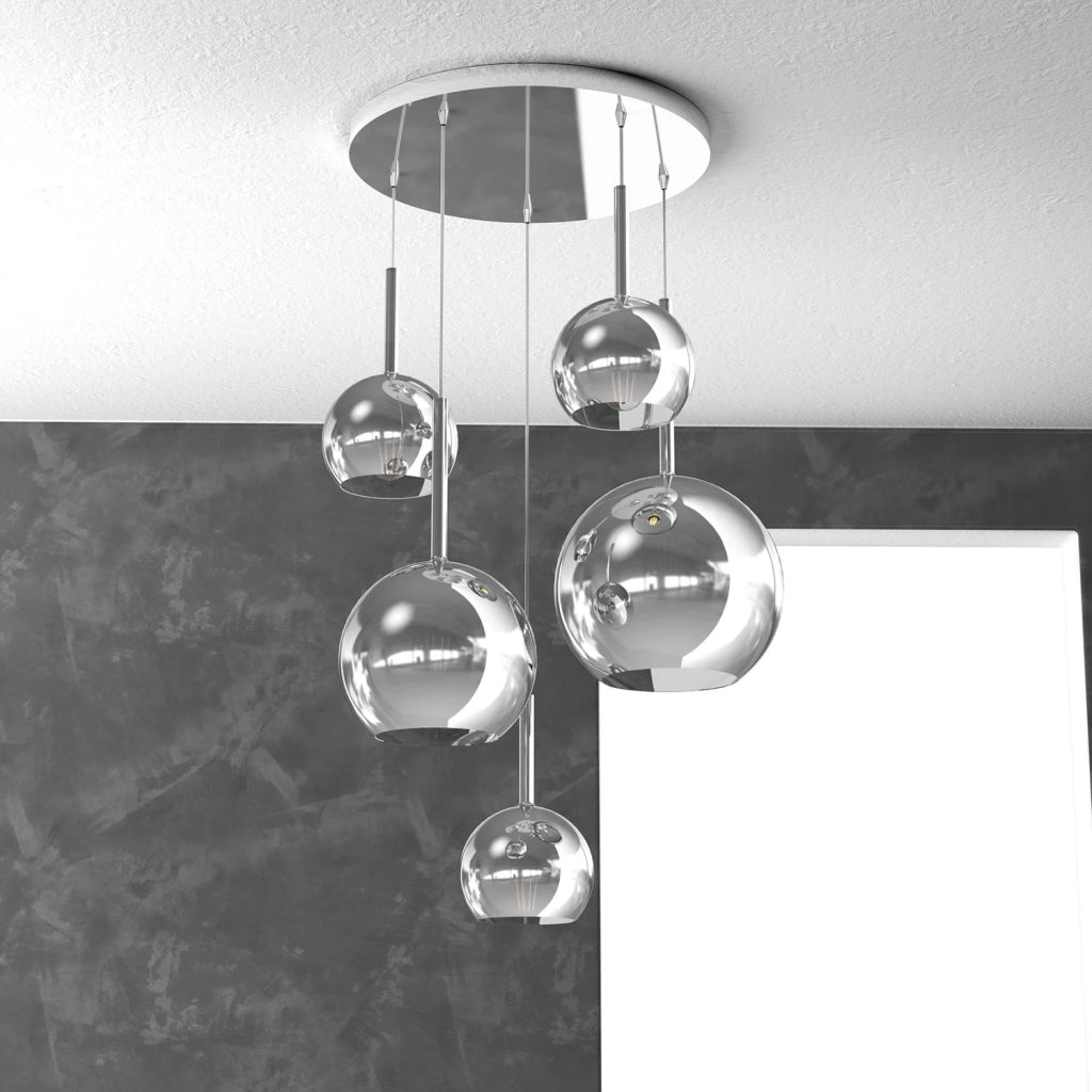Lampadario Contemporaneo Future Metallo Cromo Vetro Mix 5 Luci E27