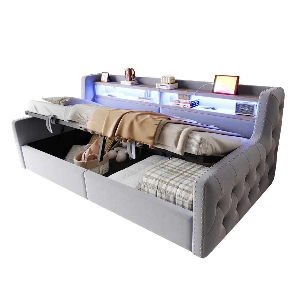 Divano letto imbottito 90 x 200 cm con vano contenitore e illuminazione LED