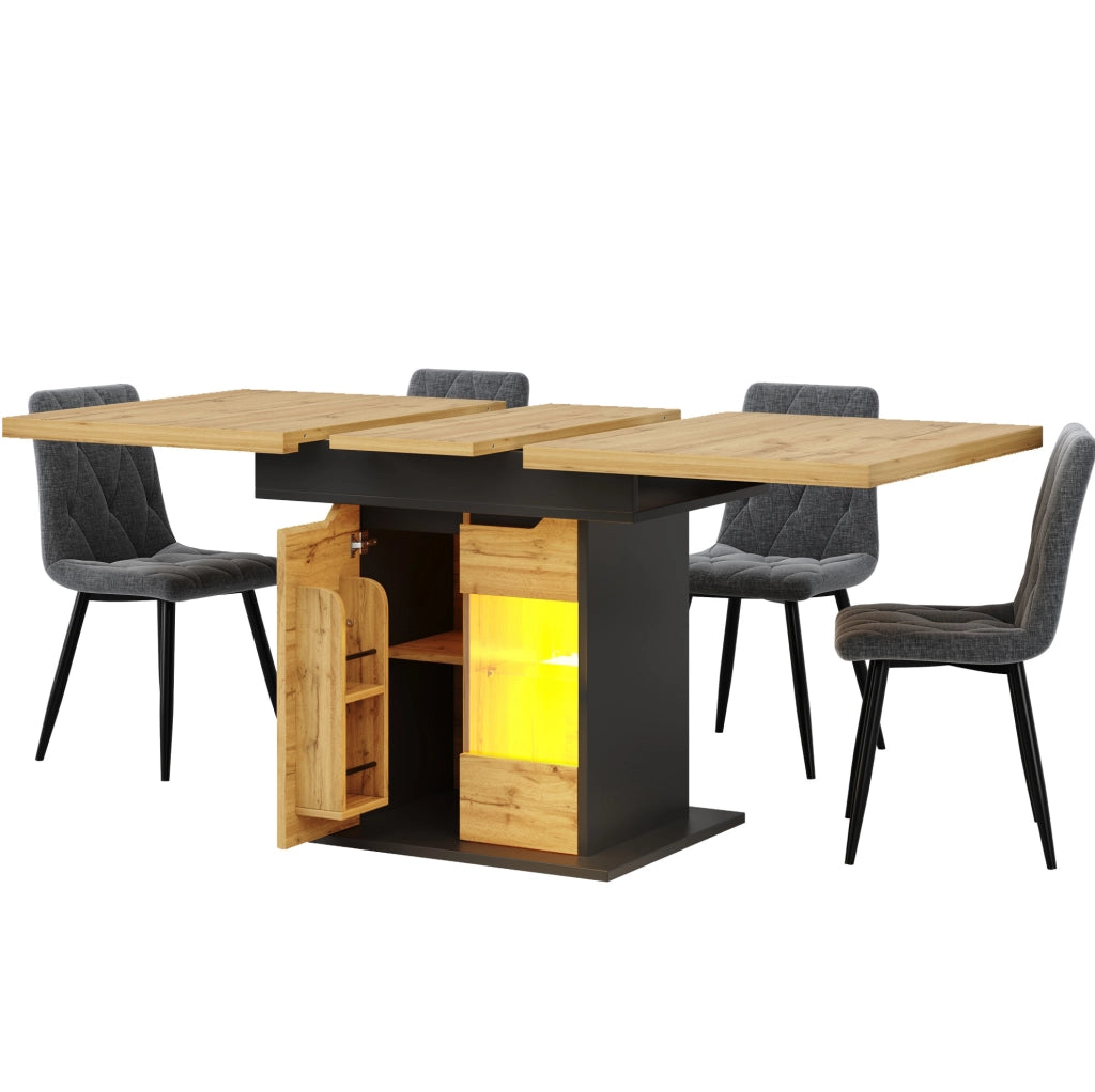 Tavolo da pranzo estensibile 110-140x80x76 cm con illuminazione LED e portaoggetti in MDF e vetro nero naturale