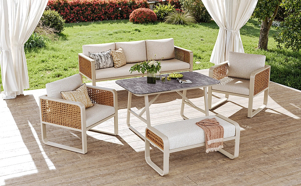 Set giardino 6-7 persone: sedute rattan PE; tavolino; Divanooo cuscini lavabili; piedini regolabili; beige