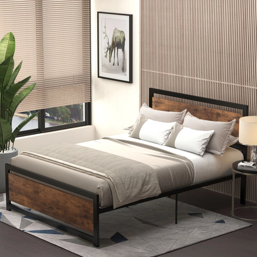 Struttura Letto Una Piazza e Mezzo 140x200 cm in Acciaio con Doghe Integrate Nero e Marrone Rustico