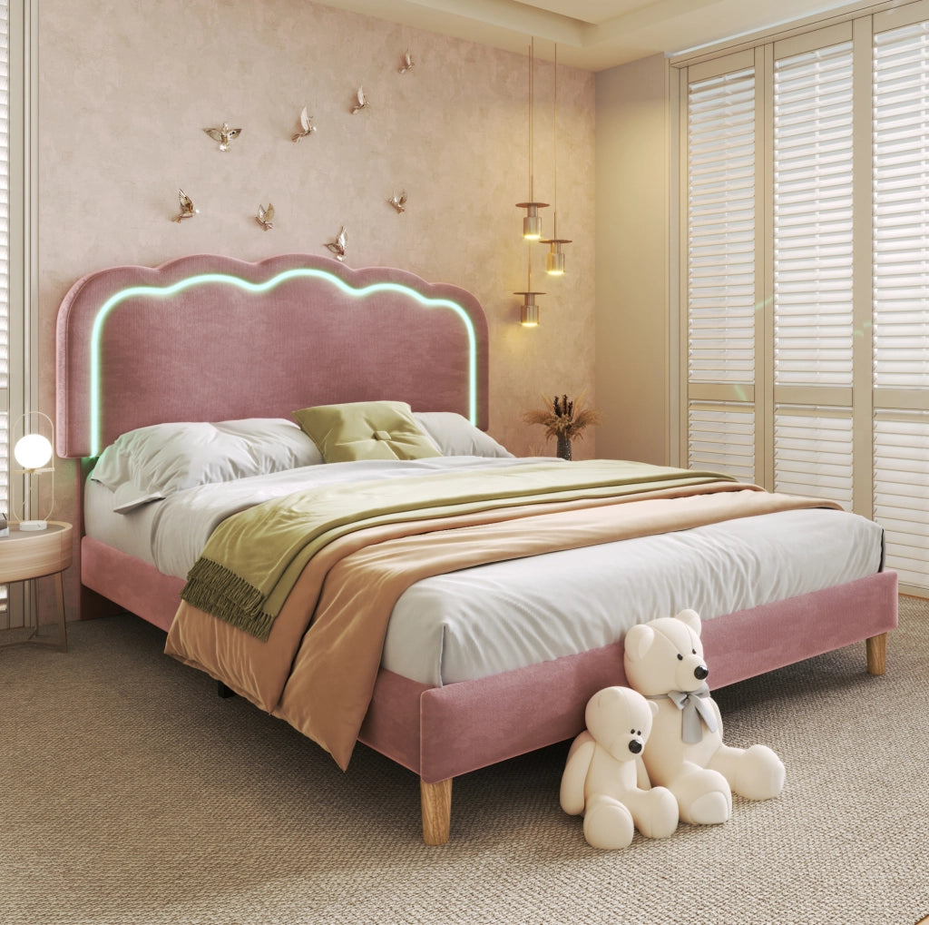 Letto matrimoniale 140x200 cm con testiera regolabile e LED; velluto rosa