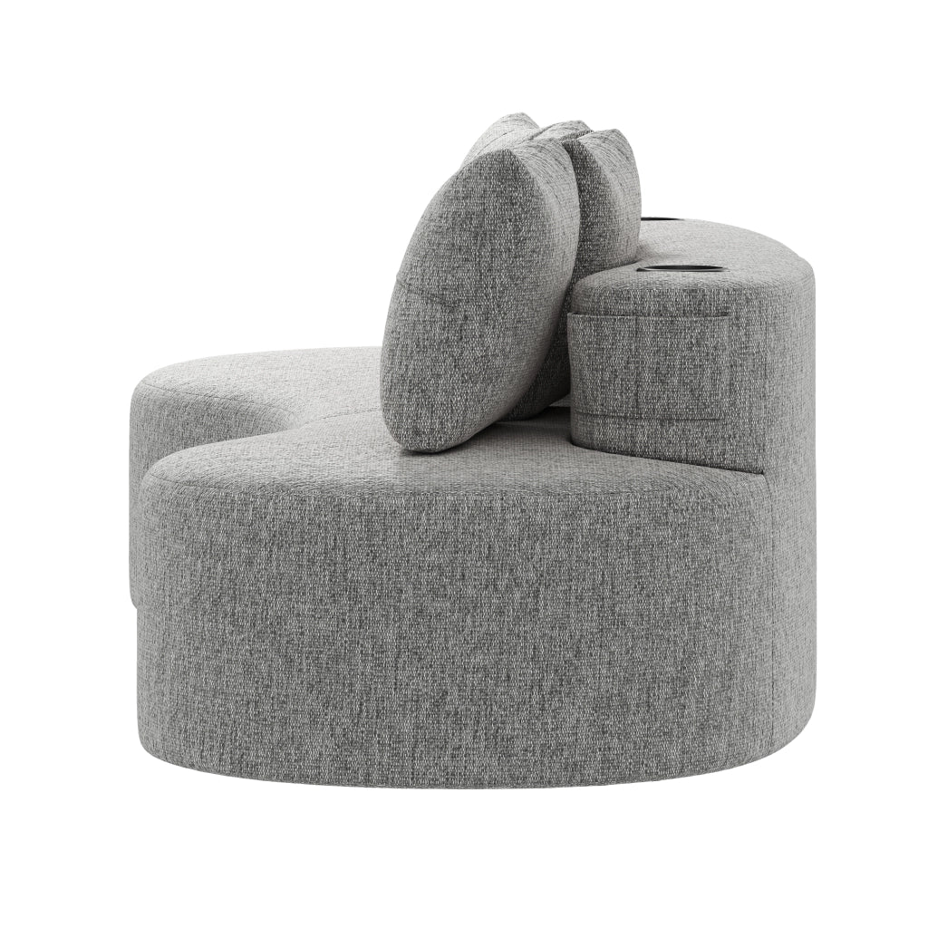 Divano in lino grigio chiaro con 4 cuscini, portabicchieri e tasche laterali, 240x109x60 cm