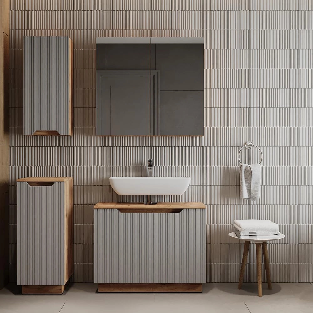 Set di mobili da bagno Lotta, Rovere/grigio a righe, 4 parti