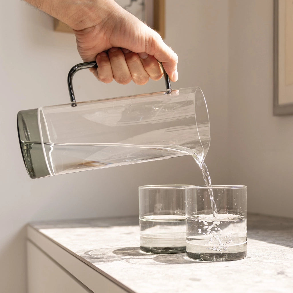 Filo Bianco Set 4 Bicchieri Tumbler in Vetro Borosilicato Soffiato a Mano, Trasparente e Bluino, Design Artigianale Muranese per Tavola Elegante