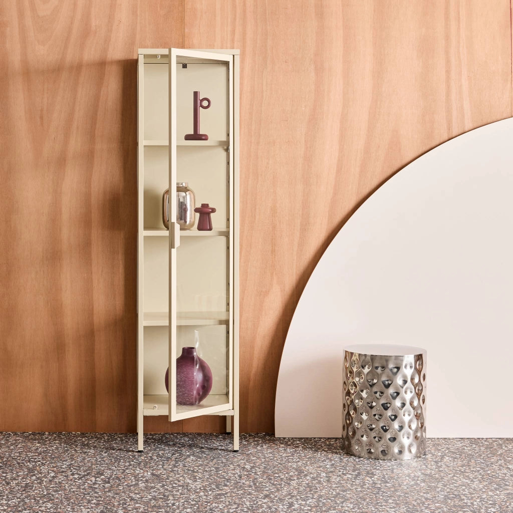 Vetrina in acciaio e vetro temperato con 1 anta, 160cm, beige