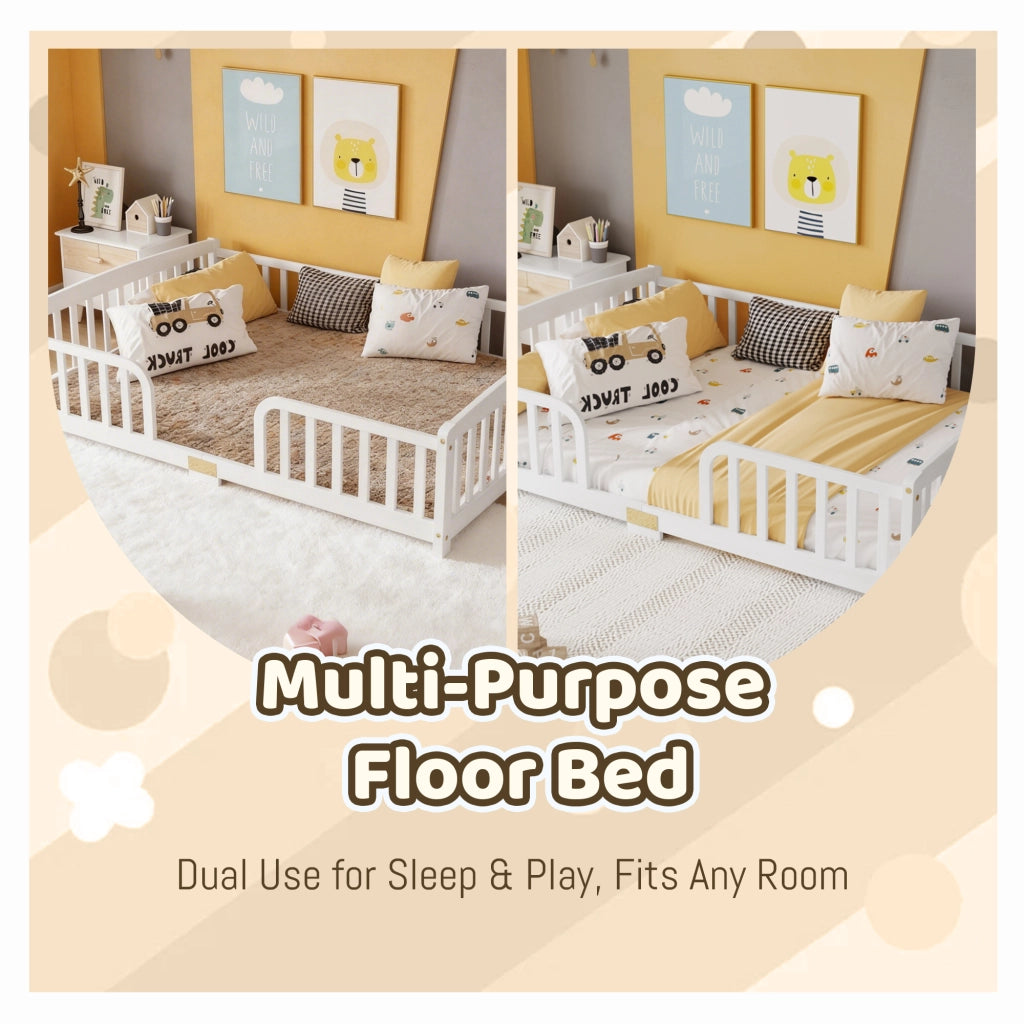 Letto per bambini basso 140 × 200 cm con apertura centrale e barriere di sicurezza, senza materasso, in legno di pino bianco