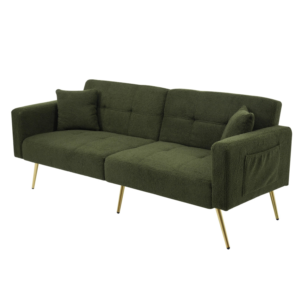 Divano letto convertibile con schienale regolabile, tasche laterali e gambe dorate, verde antico