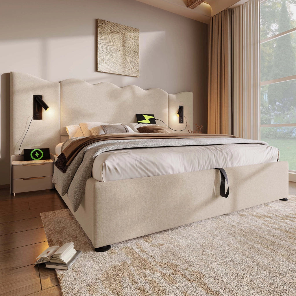 Letto matrimoniale imbottito 180x200 cm in lino beige con lampada da lettura e porta USB/Type-C; contenitore