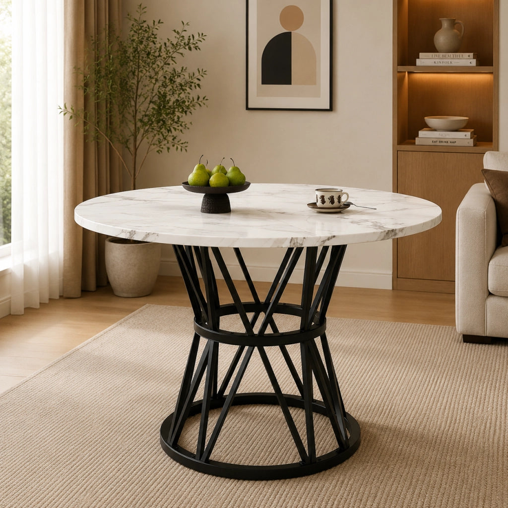 Tavolo da pranzo rotondo 100x100x76 cm con piedini regolabili; MDF effetto marmo nero