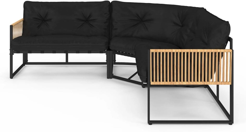 Set di mobili da Giardino Bassi Rio a 6 posti con Struttura in Metallo e Corde Effetto Rattan e Cuscini Neri