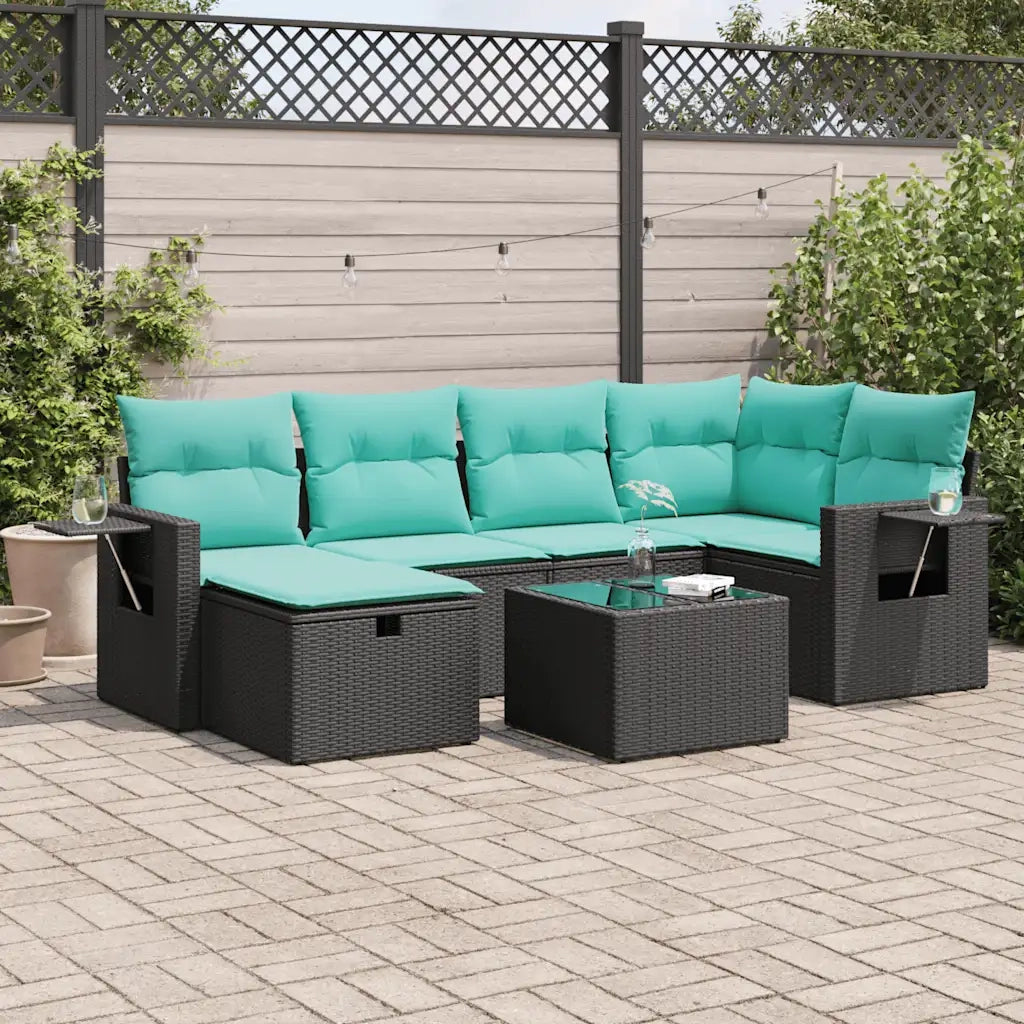 Set Divani da Giardino con Cuscini 7pz Nero Polyrattan
