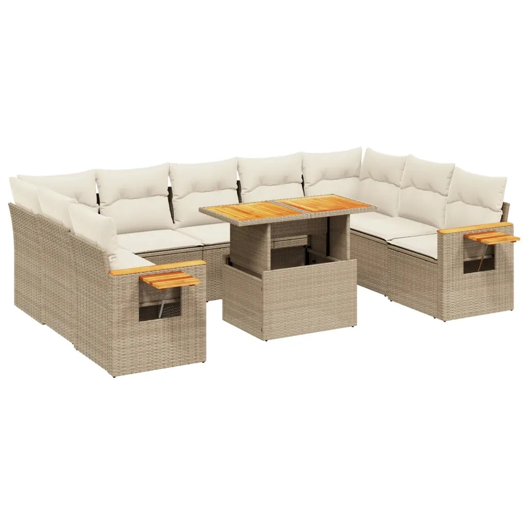 Set Divano da Giardino 10 pz con Cuscini Beige in Polyrattan