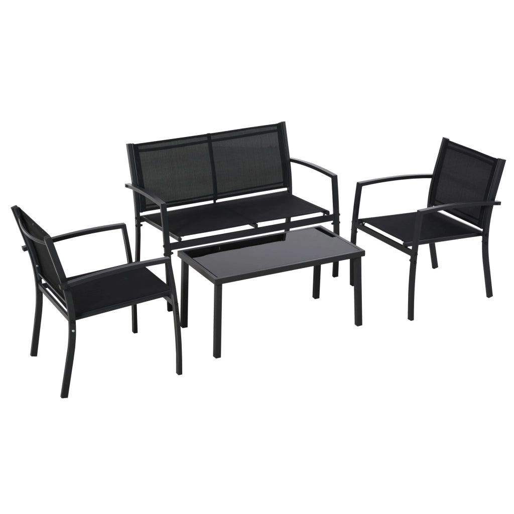 Set Salotto da Giardino Divano 2 Poltrone e Tavolino in Metallo e Tessuto Nero