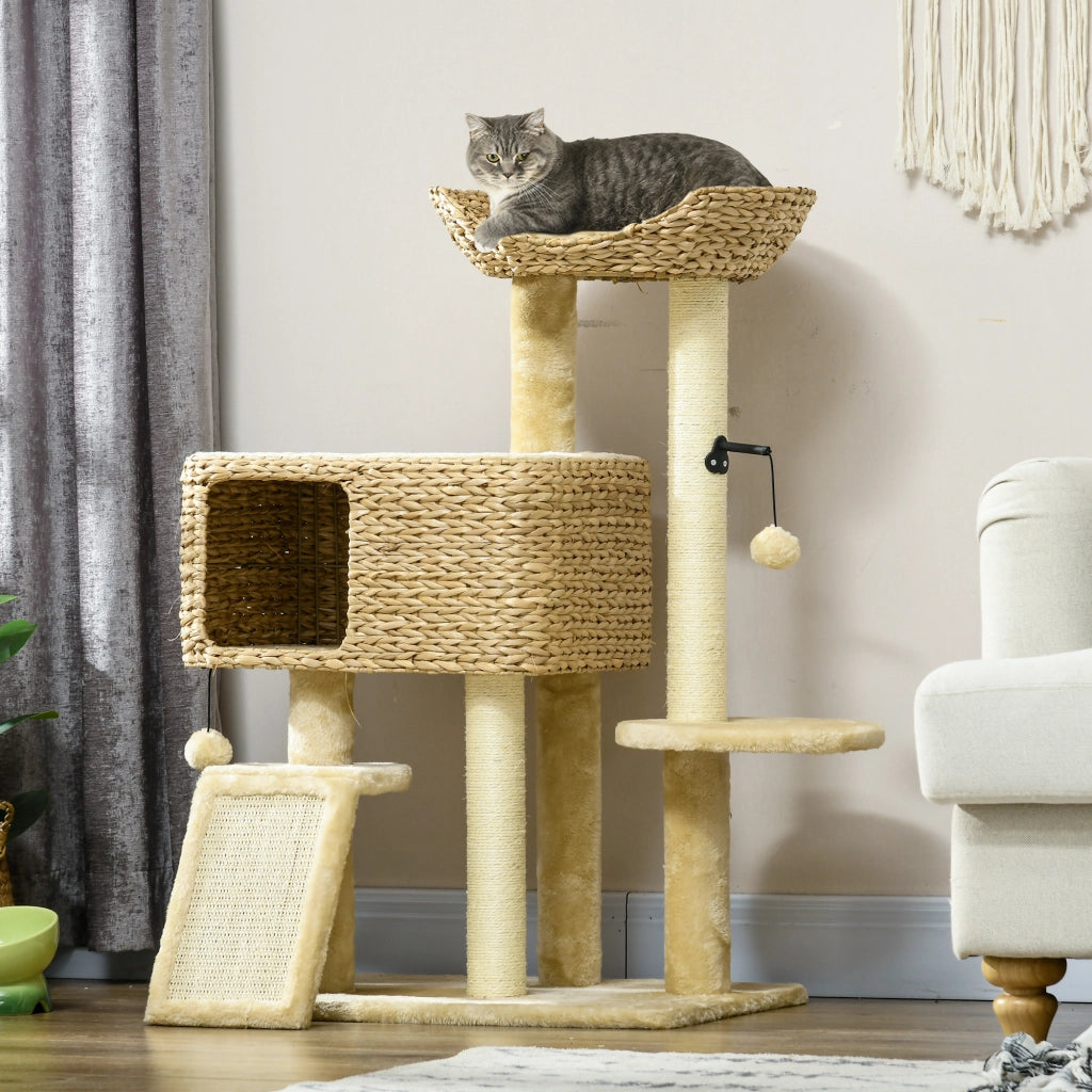 Tiragraffi per Gatti con Lettino e Casetta ¨C zephmum ¨C 60x40x98 cm Natur + Beige