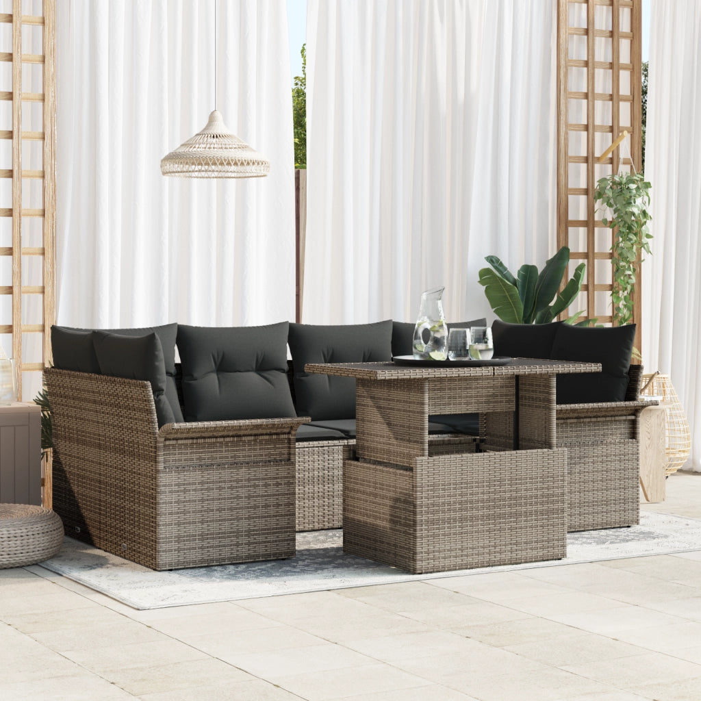 Set divani giardino a 7 pezzi con cuscini in rattan grigio