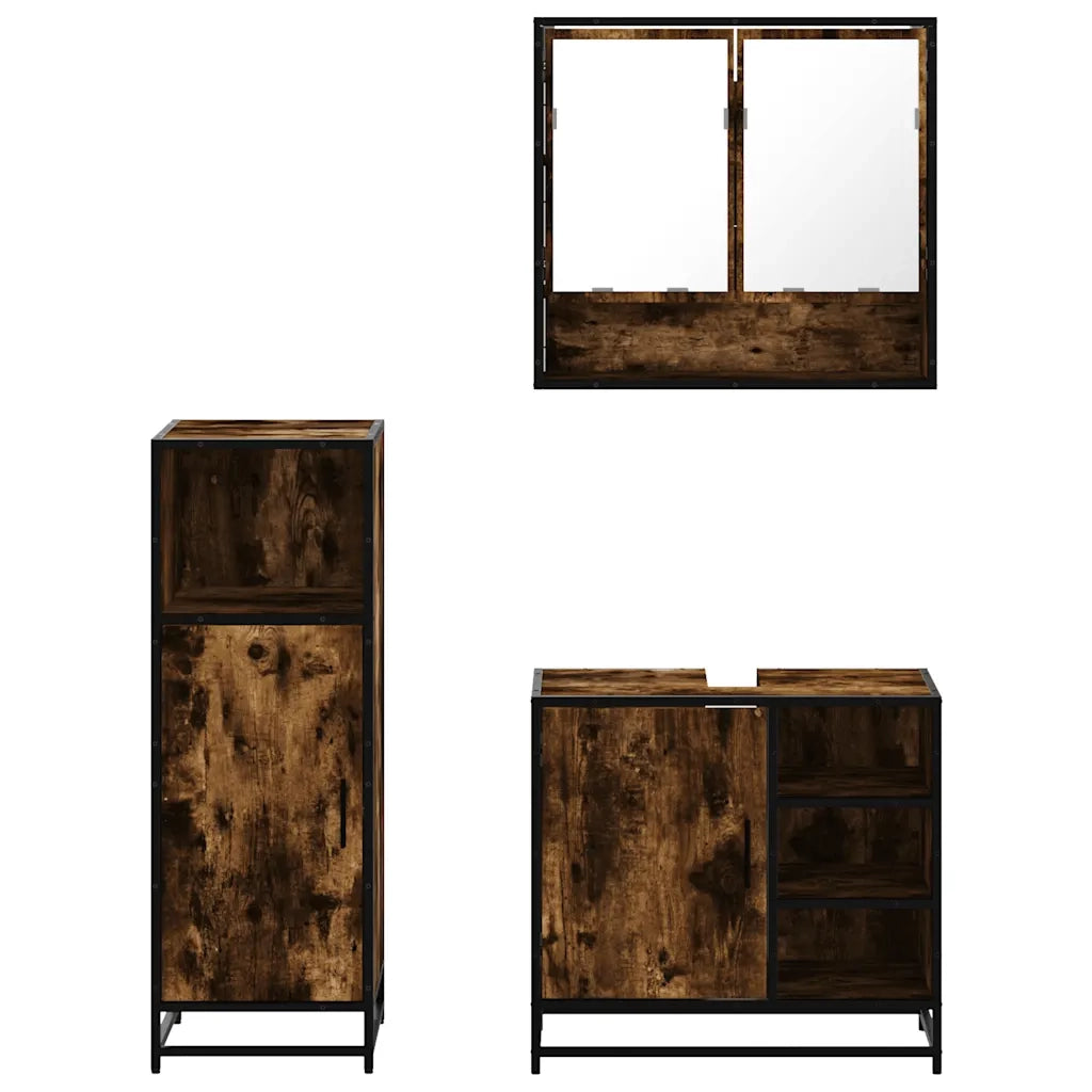 Set Mobili da Bagno | Armadio da bagno 3 pz Rovere Fumo in Legno Multistrato