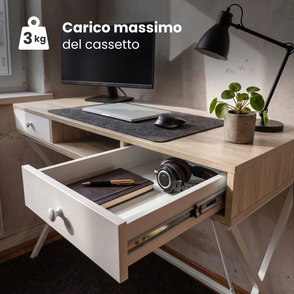 Scrivania PC industriale Rovere Sonoma CROSSLINE 120 cm 2 cassetti 1 ripiano gambe bianche