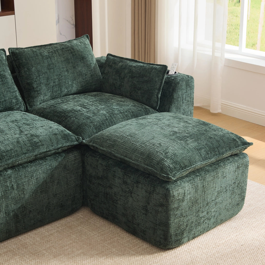 Divano modulare con pouf 256x161x75 cm con tasche laterali e cuscini in ciniglia verde